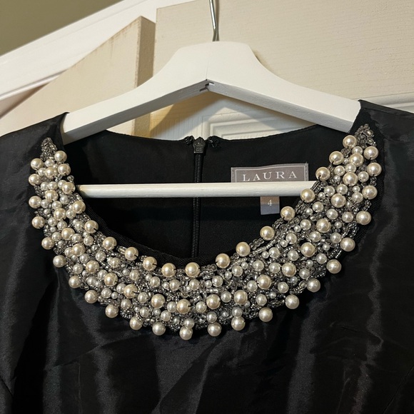 Black Laura Petites Formal Dress with Pearls - Picture 3 of 4